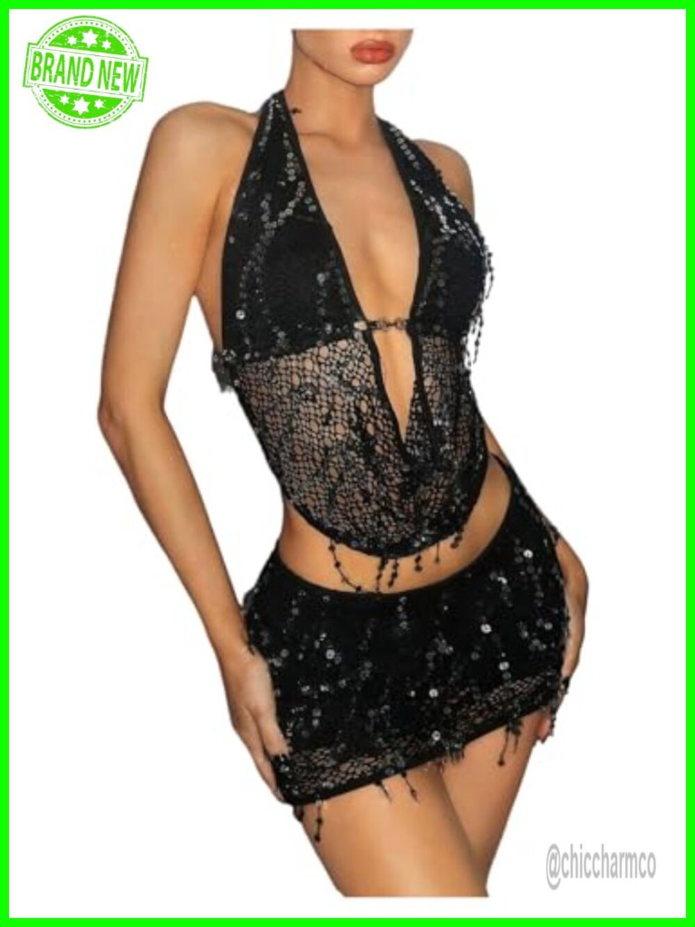 Women's Sequin Sheer Backless Halter Top Mini Skirt Set